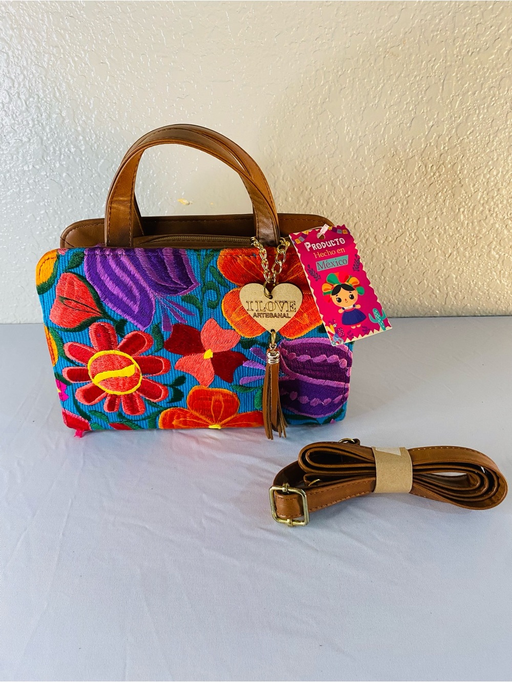 Colorful Embroidered Crossbody Bag with Brown Leather Handles